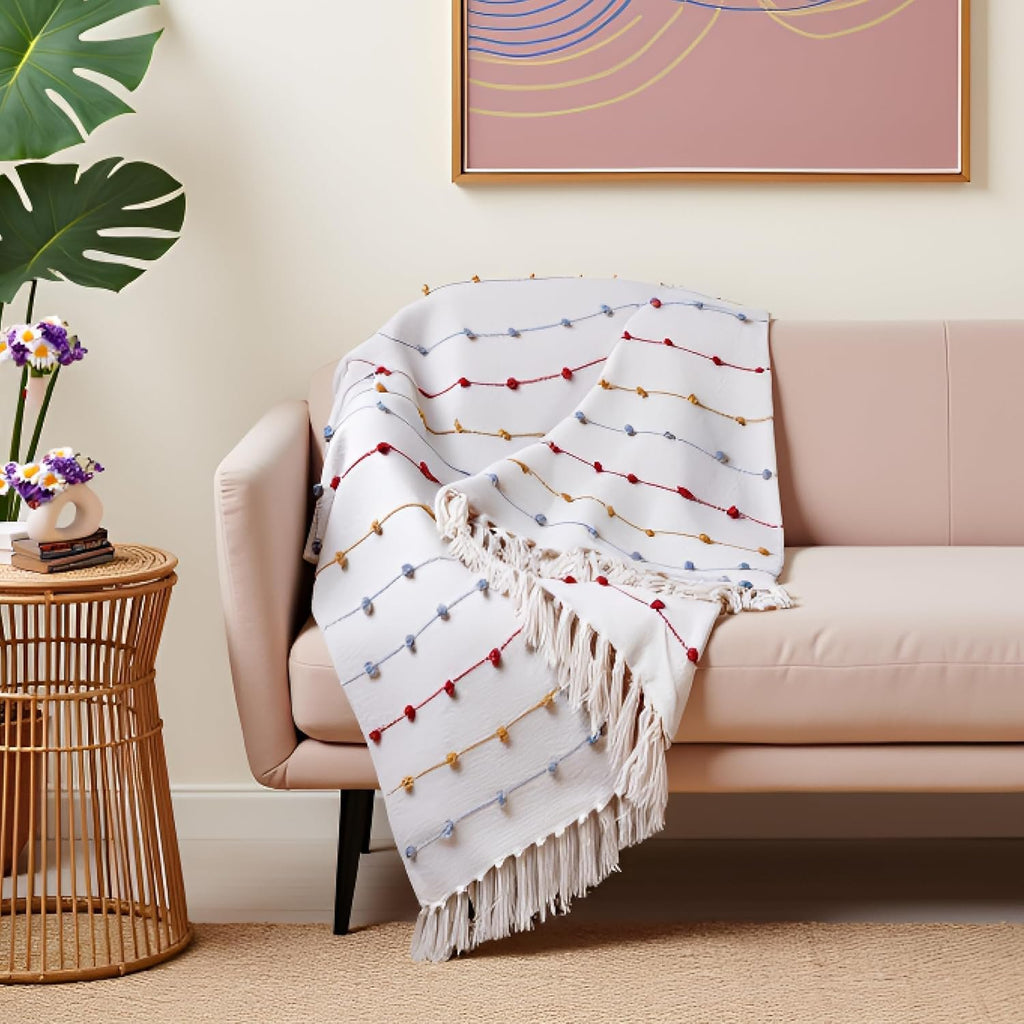 Handgebreide katoenen deken – 100% katoen, kwastjes – 80x52 inch (pak 1)