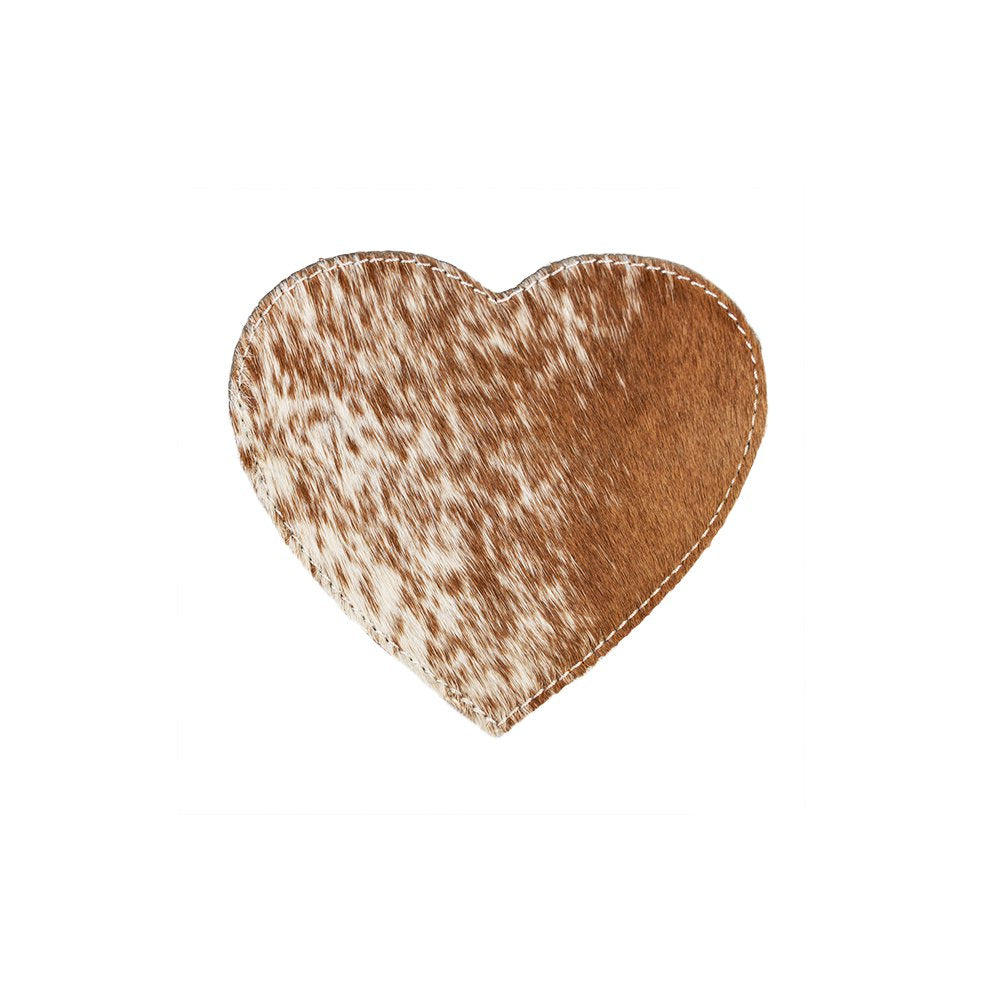 Onderzetter koehuid hart bruin/wit 14cm