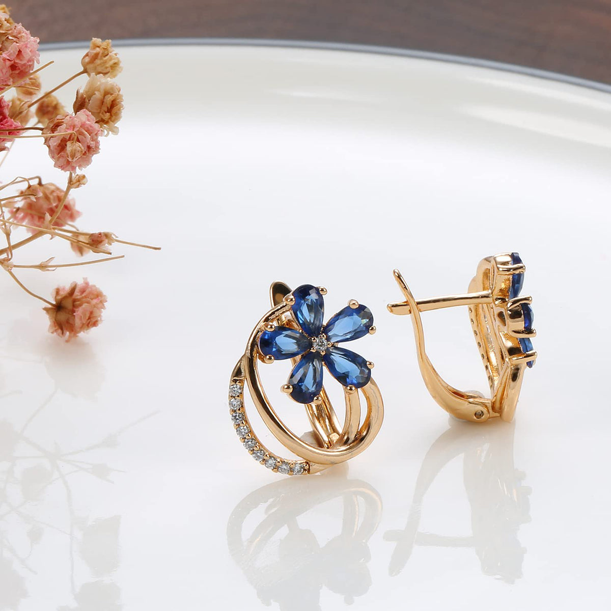 Blauwe zirkonia oorbellen – mode-sieraden – 18k roséverguld koper – 1 paar
