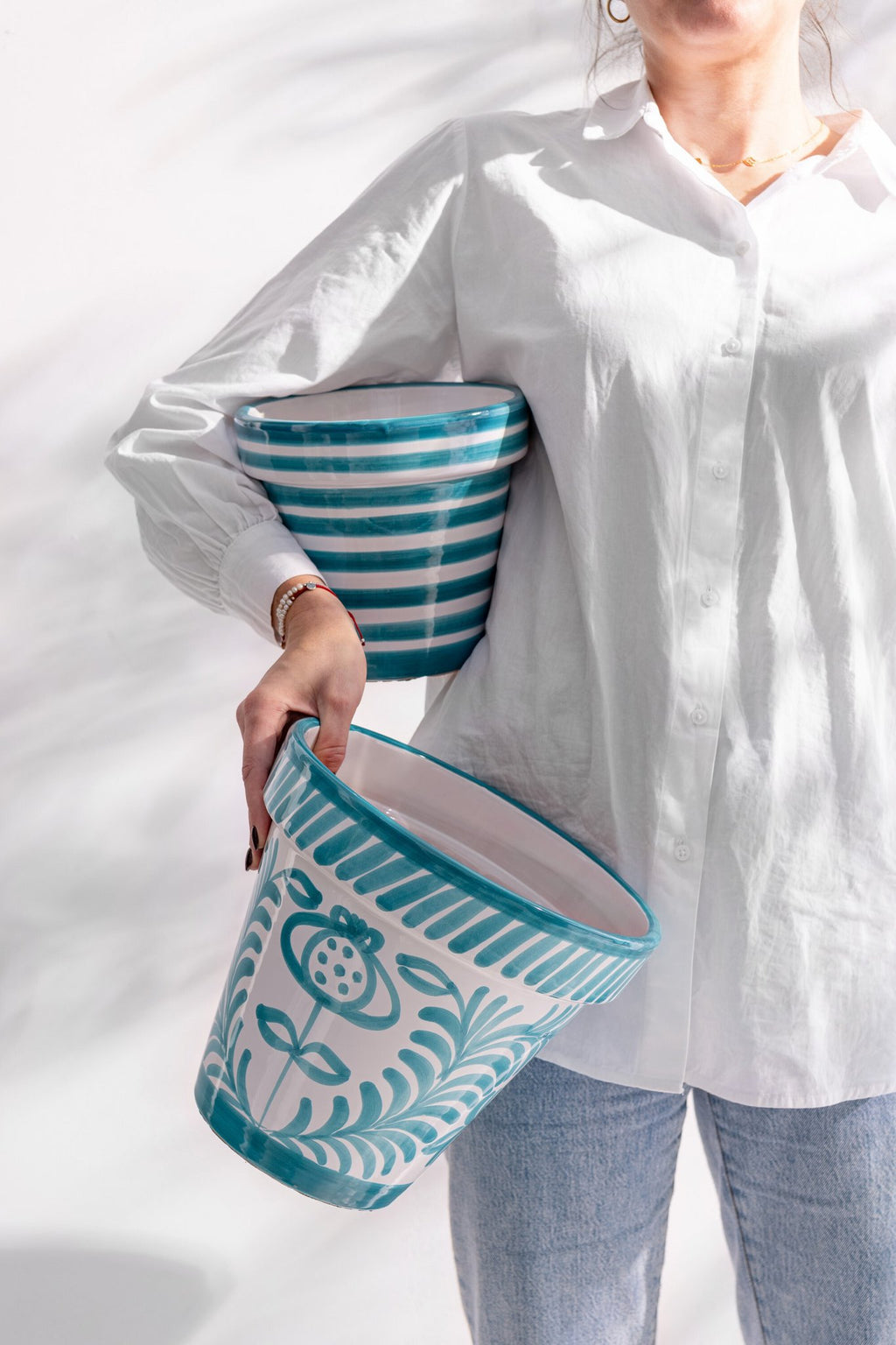 J-Line bloempot Granada Stripes - keramiek - aqua - small - Ø 21 cm