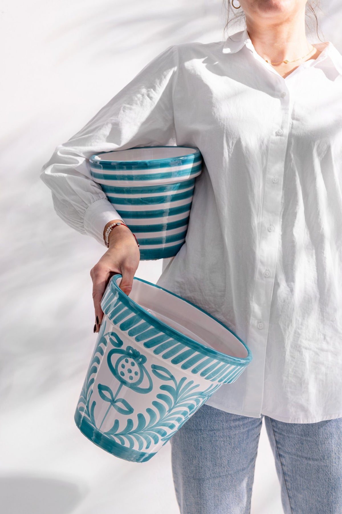 J-Line bloempot Granada Stripes - keramiek - aqua - small - Ø 21 cm