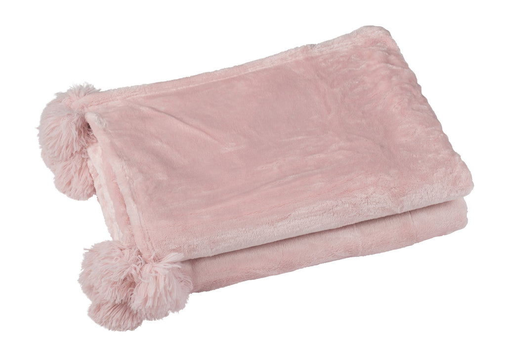 J-Line Plaid Pompon - polyester - zachtroze - 170 x 130 cm