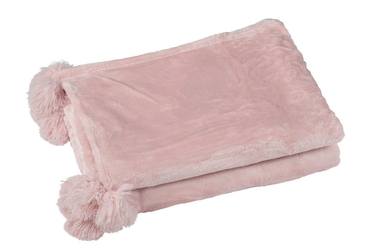 J-Line Plaid Pompon - polyester - zachtroze - 170 x 130 cm