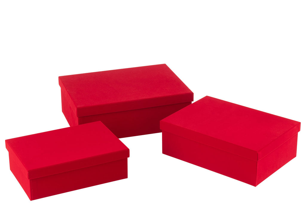 J-Line doos Rechthoekig - fluweel/papier - rood - 3 stuks