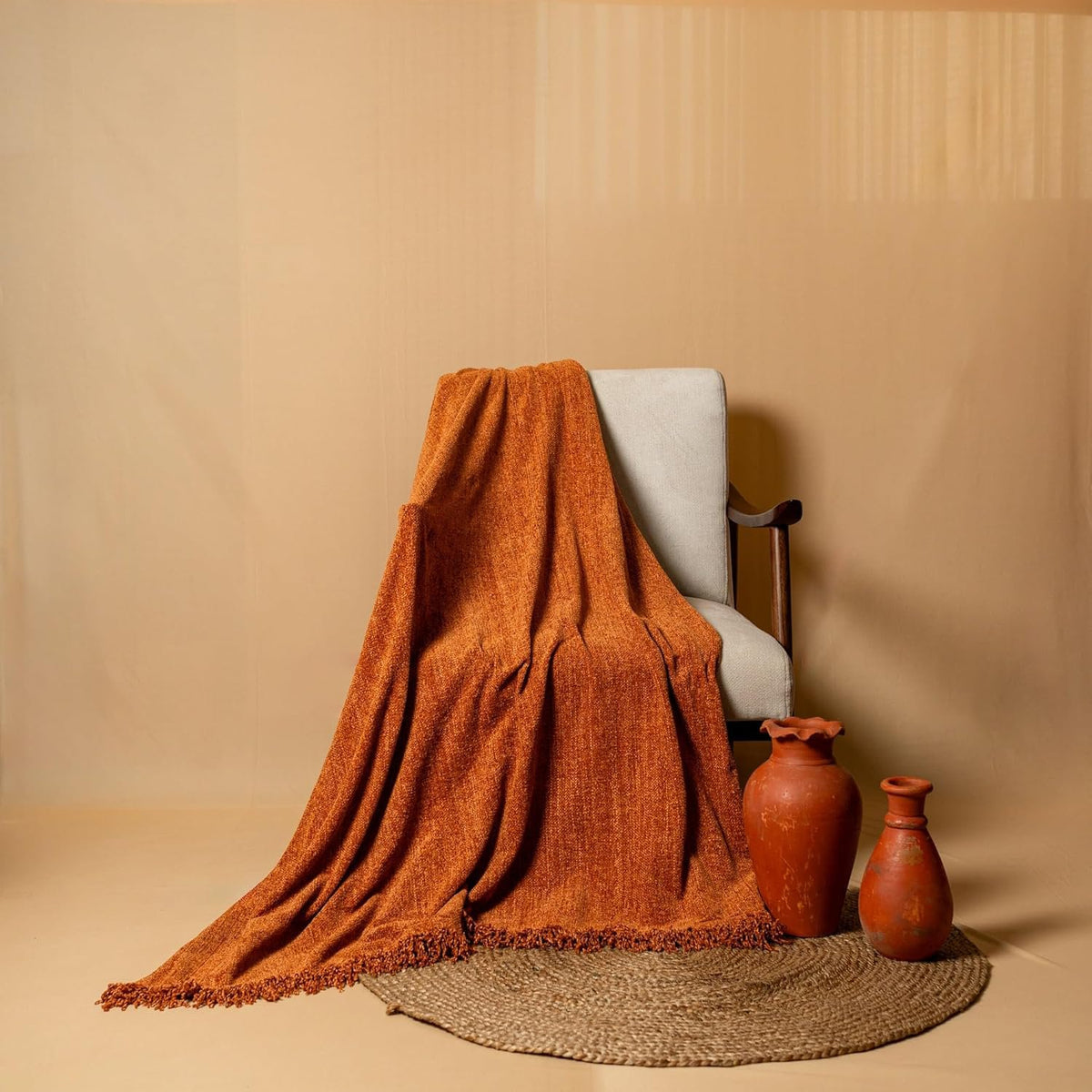 Roestkleurige chenille-stijl deken – polyester wafelweefsel – duurzaam, 130x180 cm – verpakking 1