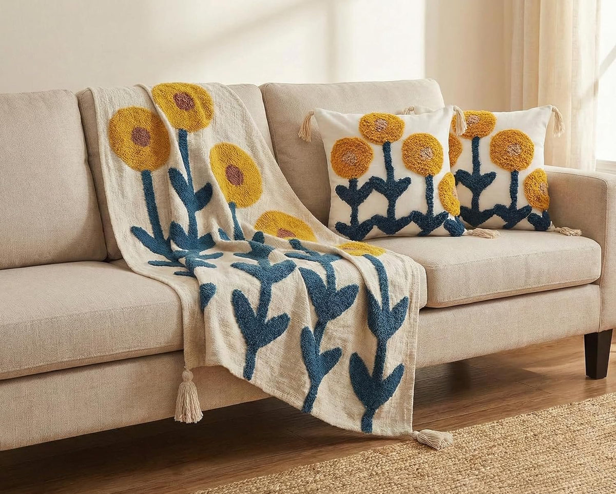 Handgetufte decorset – banksprei en kussenhoezen – premium katoen – 50x60" en 2x 16x16"