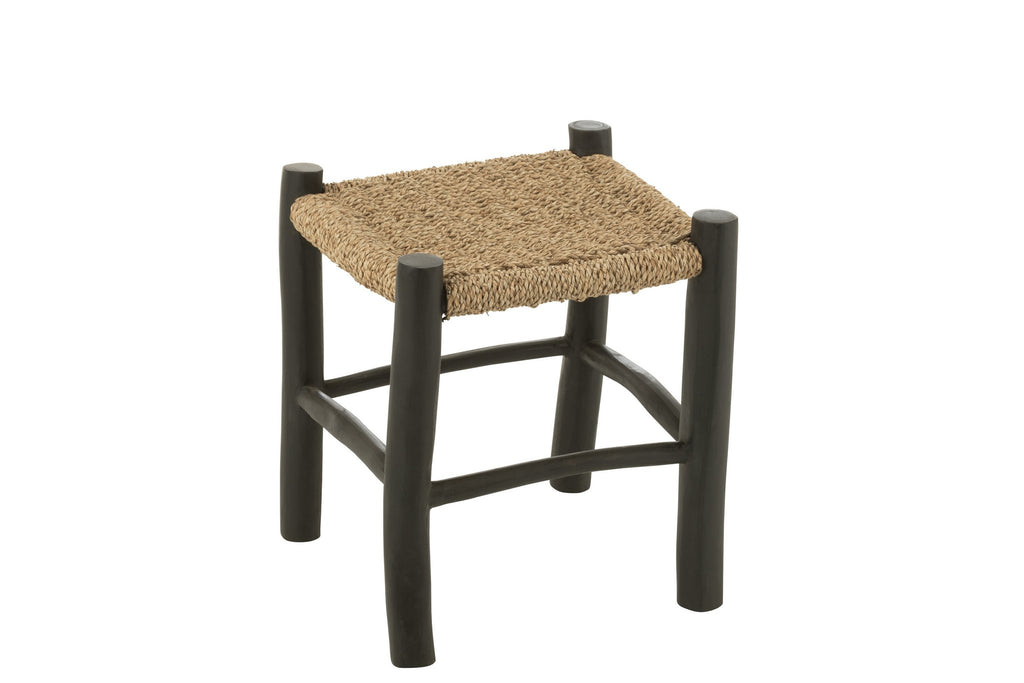 J-Line Poef Vierkant Teak Hout/Zeegras Zwart/Naturel