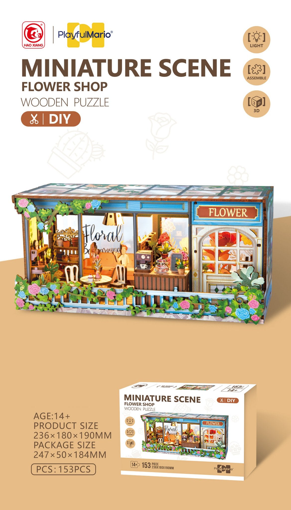 DIY Miniature Scene 3D Bloemenwinkel met LED- verlichting- MDF
