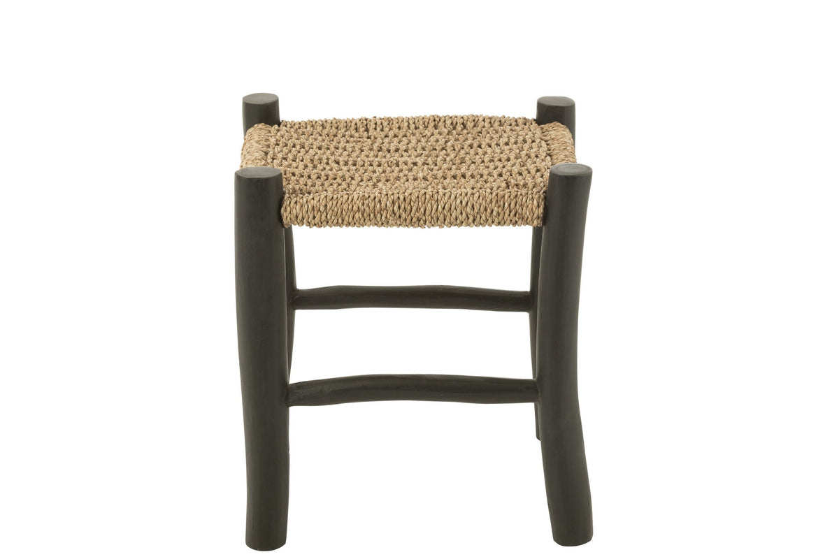J-Line Poef Vierkant Teak Hout/Zeegras Zwart/Naturel