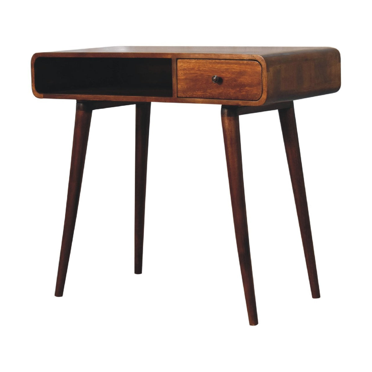 Gebogen kastanje bureau van , 1 lade, 1 open plank, bruin