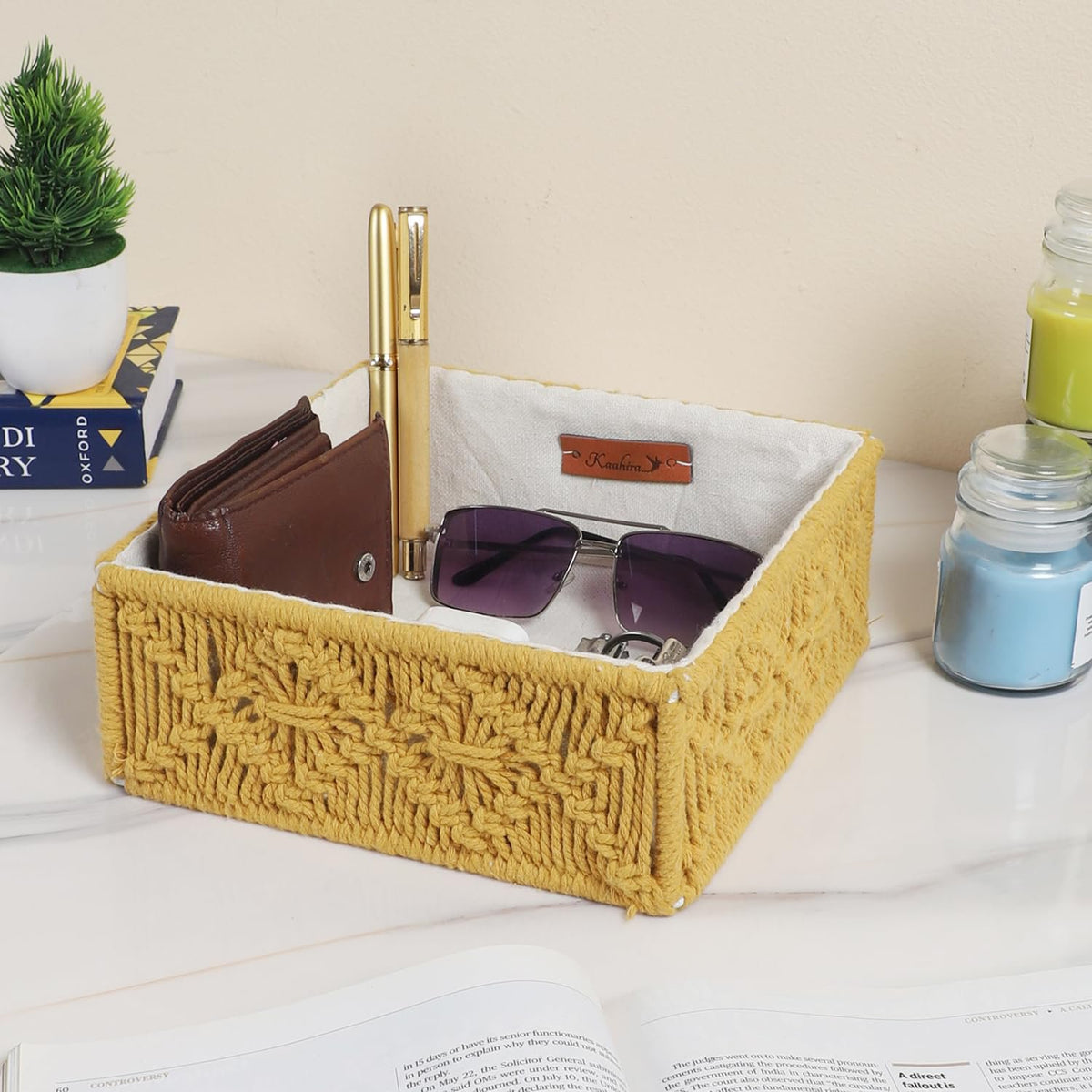 Mosterd geweven katoenen mand – Duurzaam handgemaakt – 8x8x3 Inch