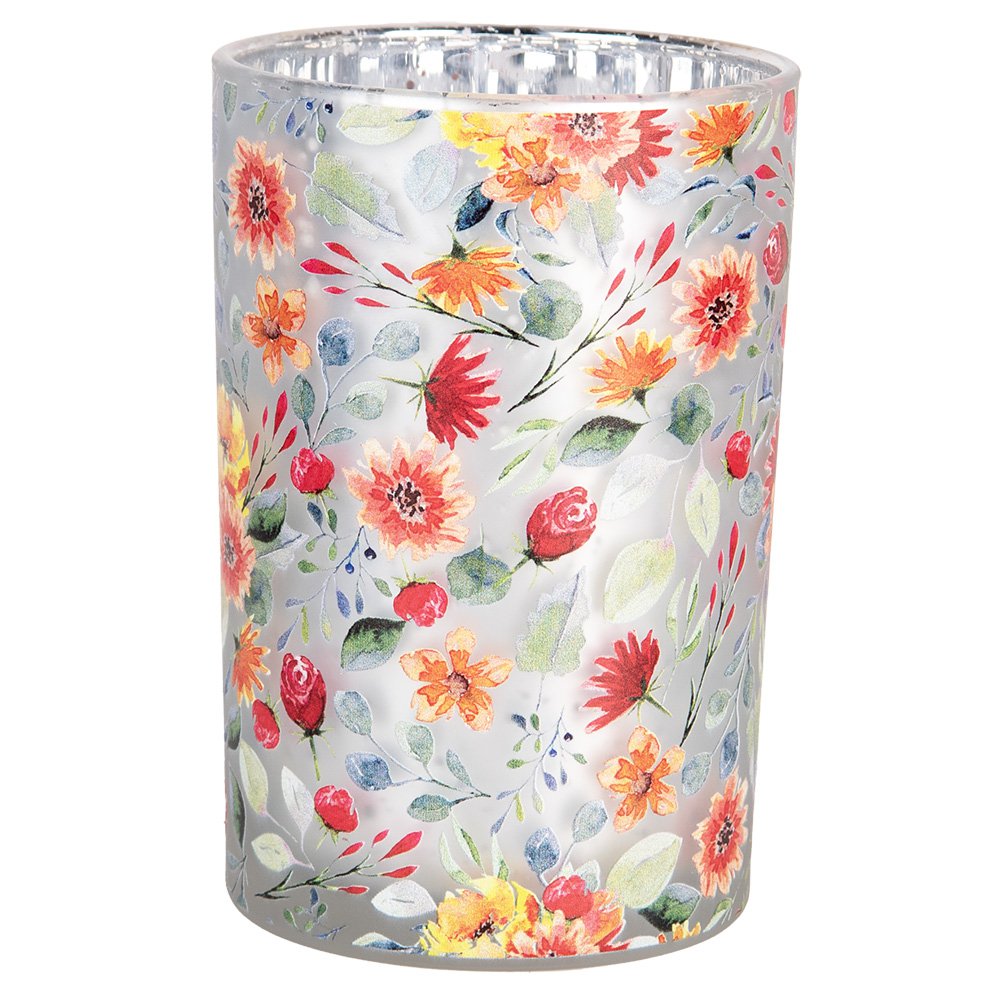 Theelichthouder Ø 12x18 cm Grijs Glas Bloemen