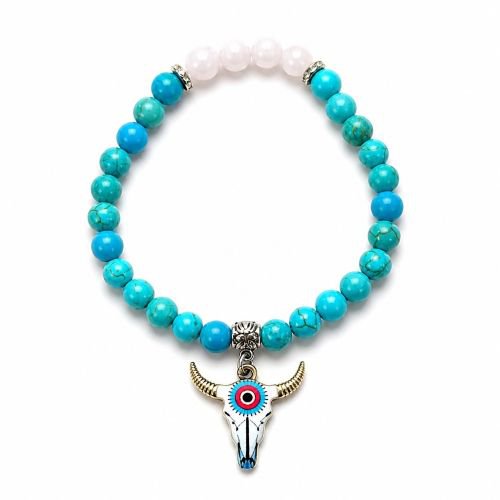 Boho dames armband Howliet en Rozenkwarts met buffel bedel