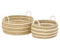 J-Line mand Gestreept - ijzer/papier - wit/naturel - set van 2