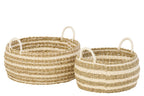 J-Line mand Gestreept - ijzer/papier - wit/naturel - set van 2