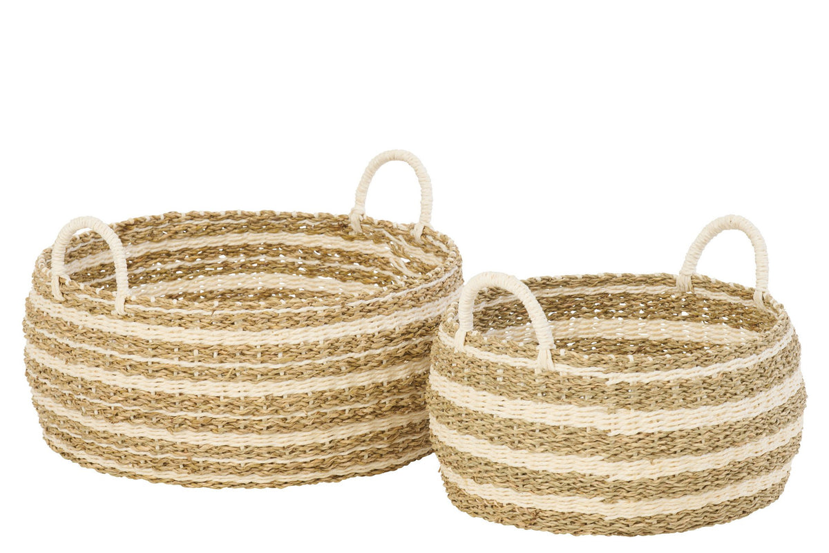 J-Line mand Gestreept - ijzer/papier - wit/naturel - set van 2