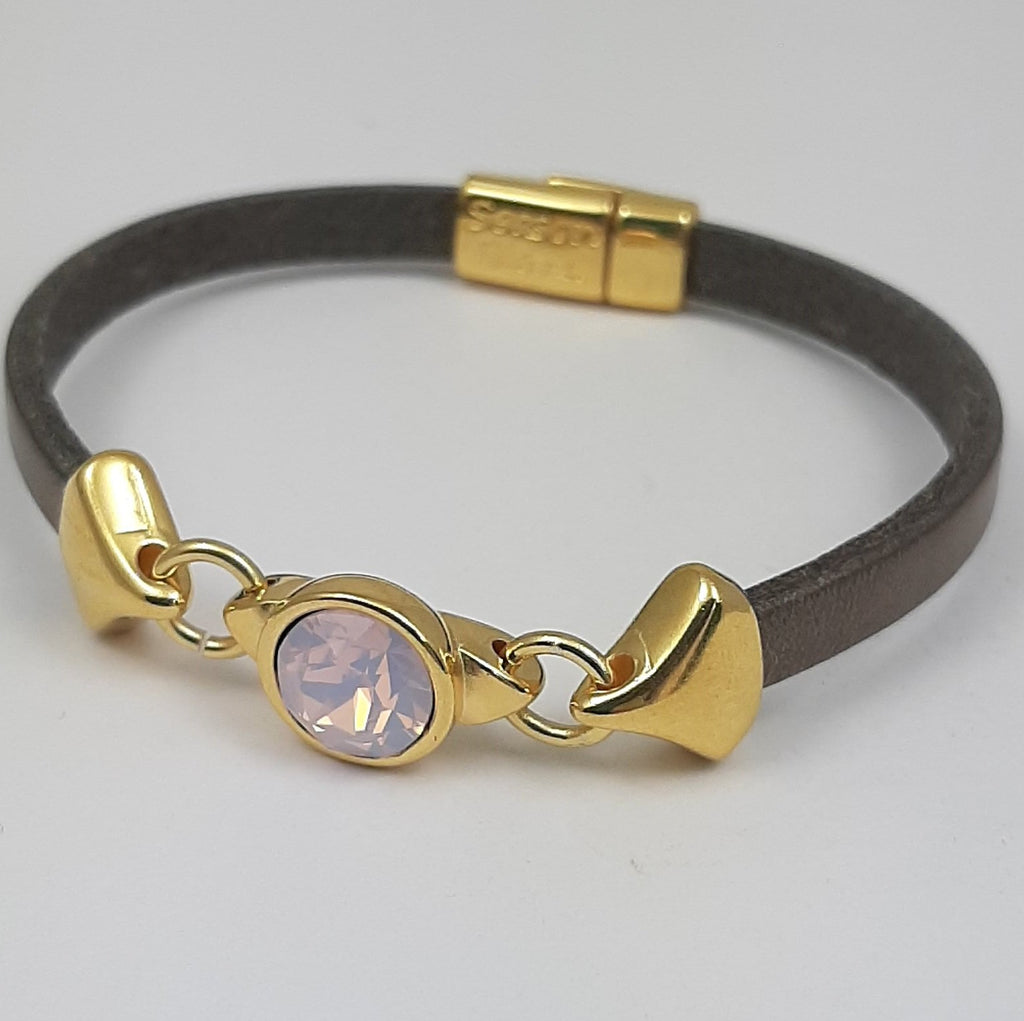Nexus leren armband glas kristal 24K verguld