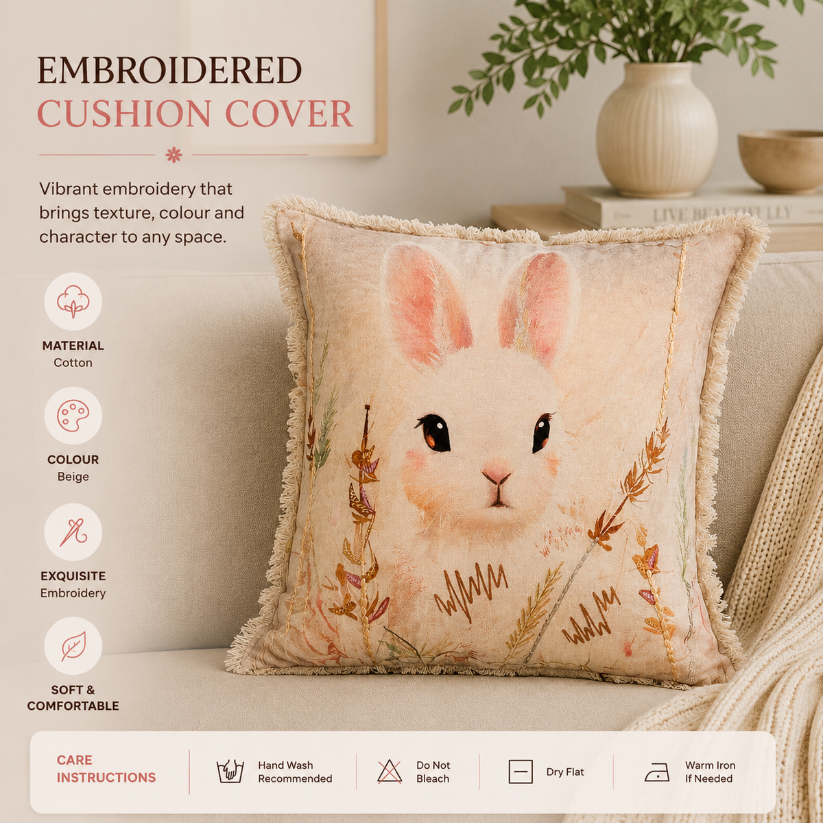 Geborduurd katoenen kussen - Alina Rabbit Design - 45 x 45 cm