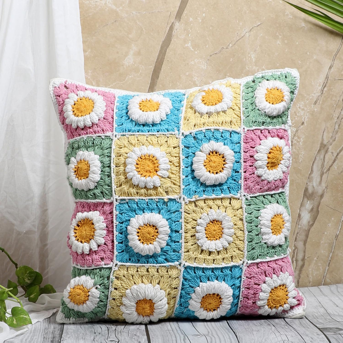 Handgehaakte kussenhoes met boho-bloemen - Premium katoen - 16x16 inch