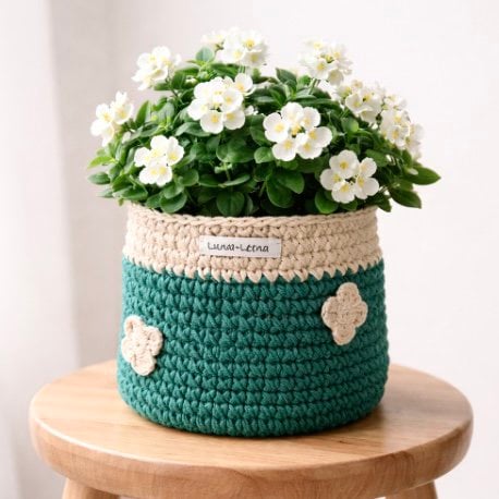 Luna-Leena mand groen met biologische bloemen - H13x12øcm - dik katoen - hand gehaakt in Nepal