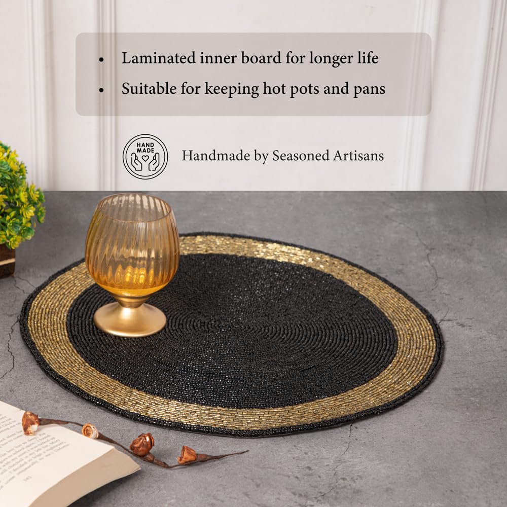 Placemats met glazen kralen – Zwart en goud, 30 cm rond, set van 4