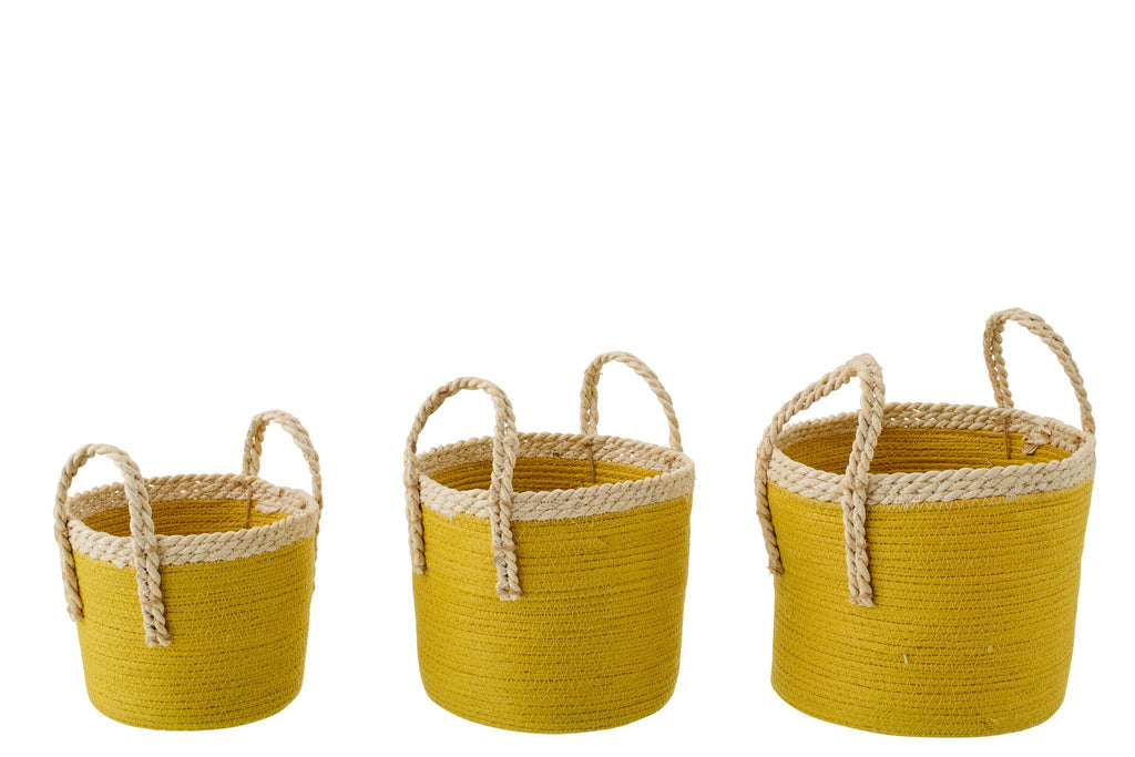 J-Line mand met handvatten - papier - naturel/mosterdgeel - set van 3