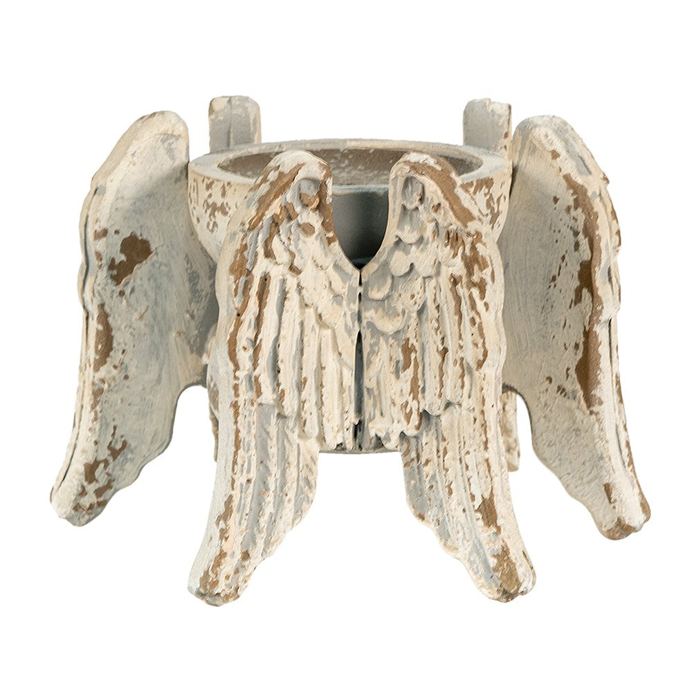 Kandelaar Vlugels 21x19x15 cm Grijs Beige Hout Kaarsenstandaard