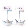 Metalen zeilbootje met clip 8x2x11cm blauw/wit