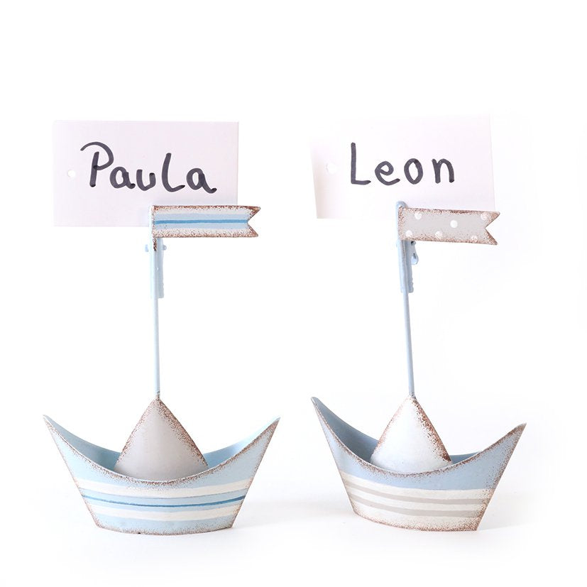 Metalen zeilbootje met clip 8x2x11cm blauw/wit
