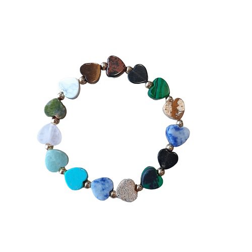 Dames armband multicolor 10 mm hartjes met RVS goudkleurige tussenkralen