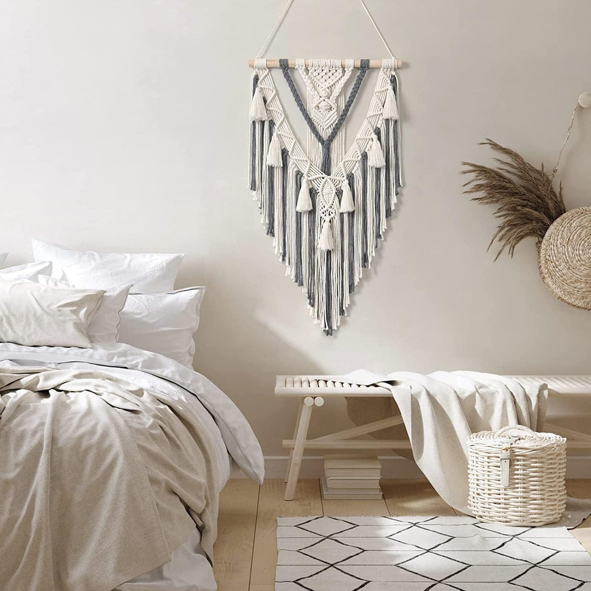 Macrame muurhanger – decoratief accent – natuurlijk touw, houten plug