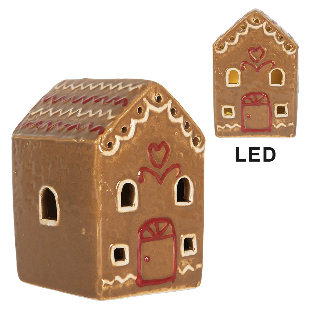 Gingerbread house met LED 7x6x9 cm Bruin Keramiek