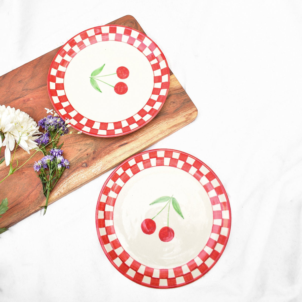 Serveerbord | Keramiek Geruit Kers | Set van 2, 7 inch