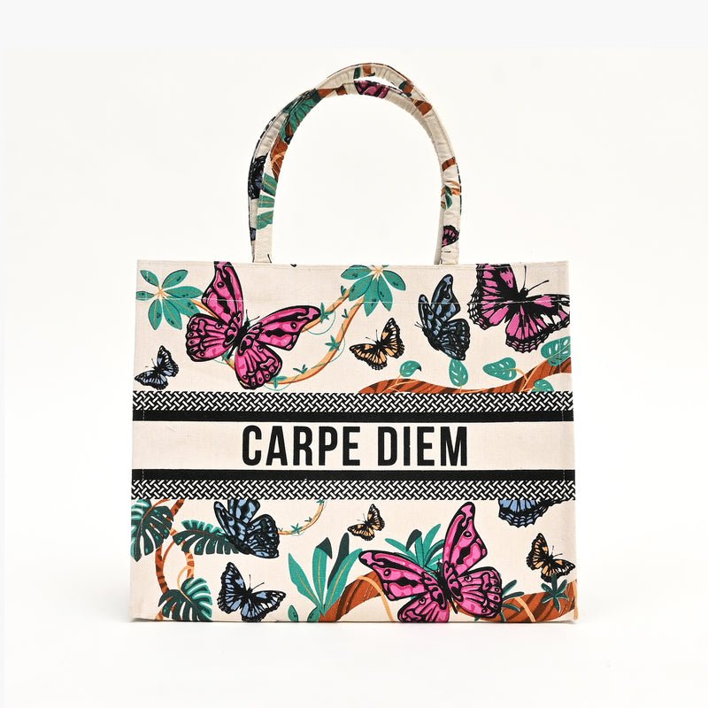 Tote Bag - Canvas met vlinderprint – Eco-vriendelijke herbruikbare boodschappen- en dagelijkse schoudertas (41 x 16 x 34 cm)