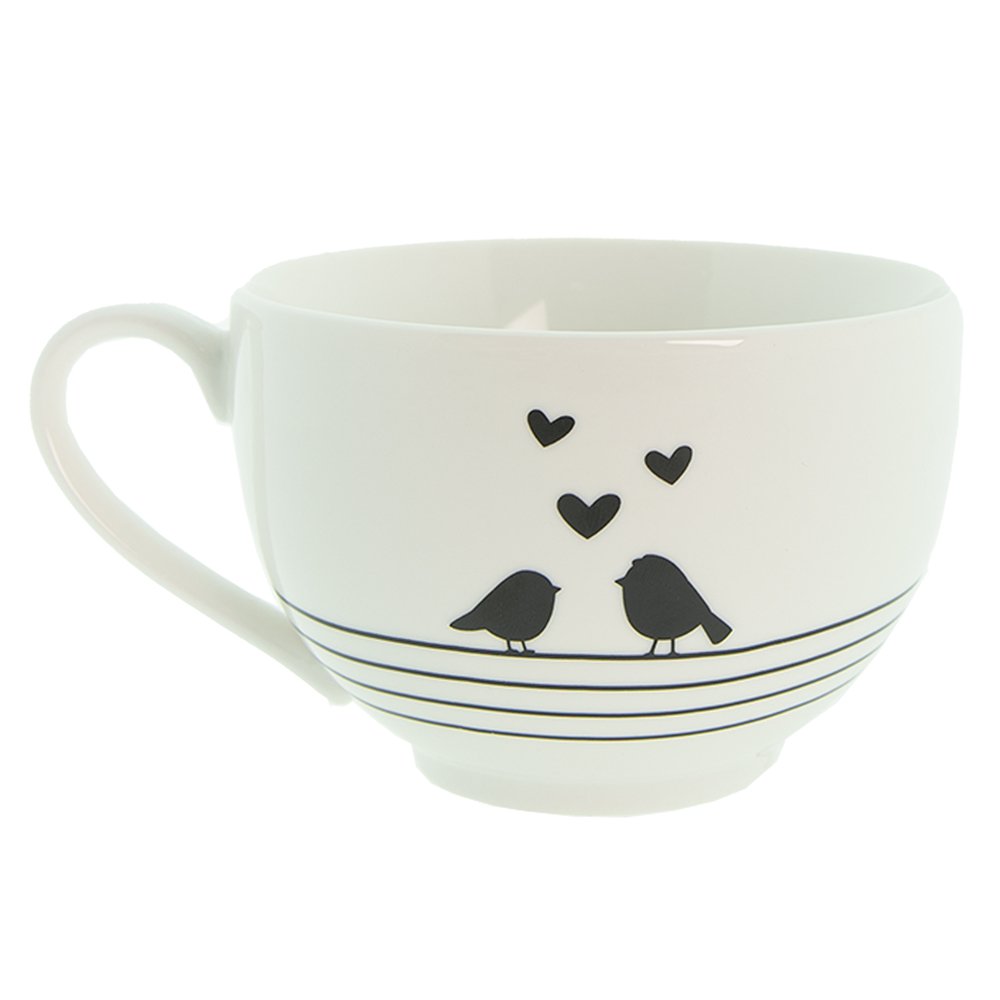 Kop en Schotel 220 ml Wit Zwart Porselein Harten Vogels Servies