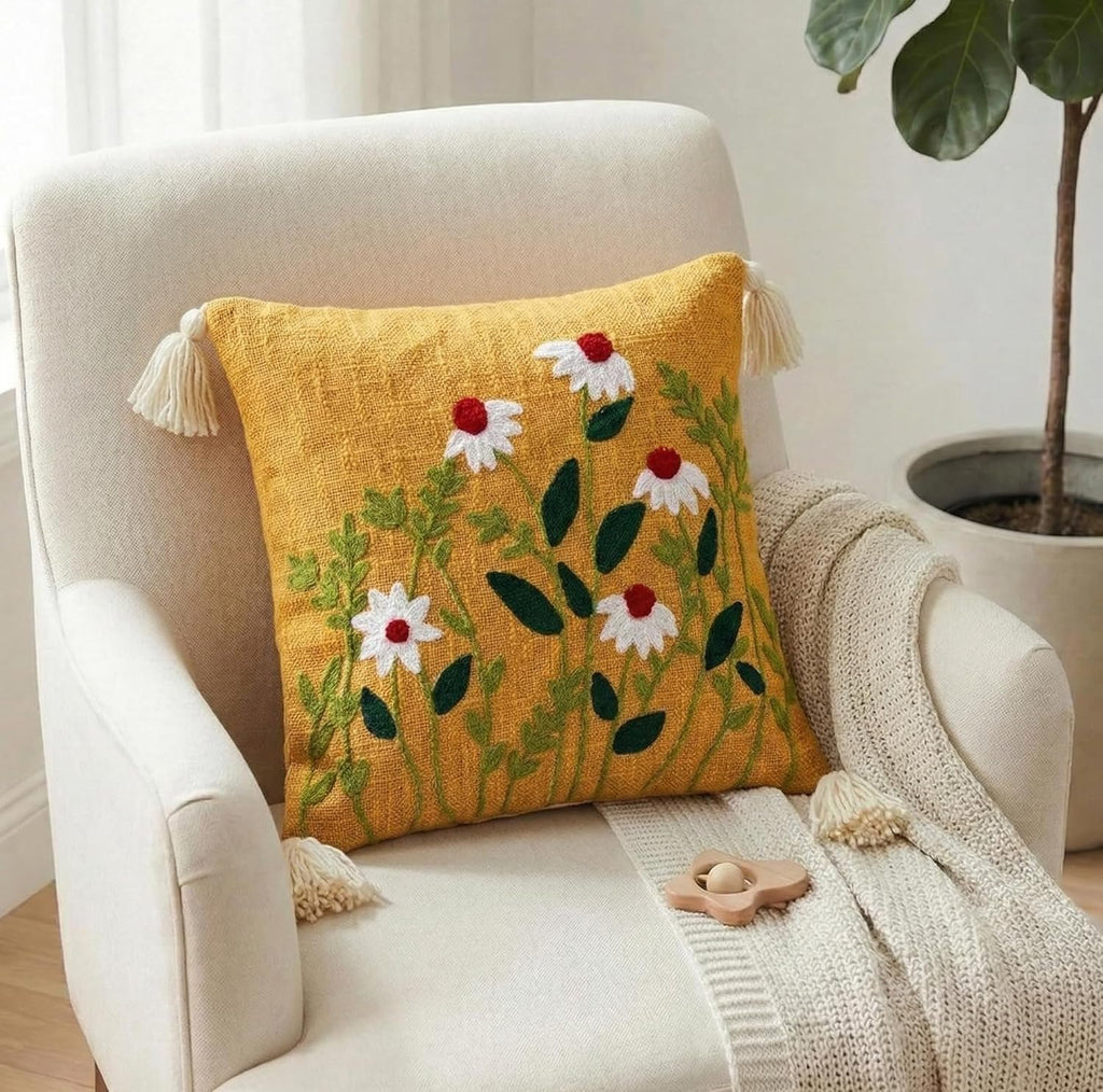 Geborduurde kussensloop van slubkatoen – decoratieve kussensloop – getuft bloemmotief – 16x16 inch