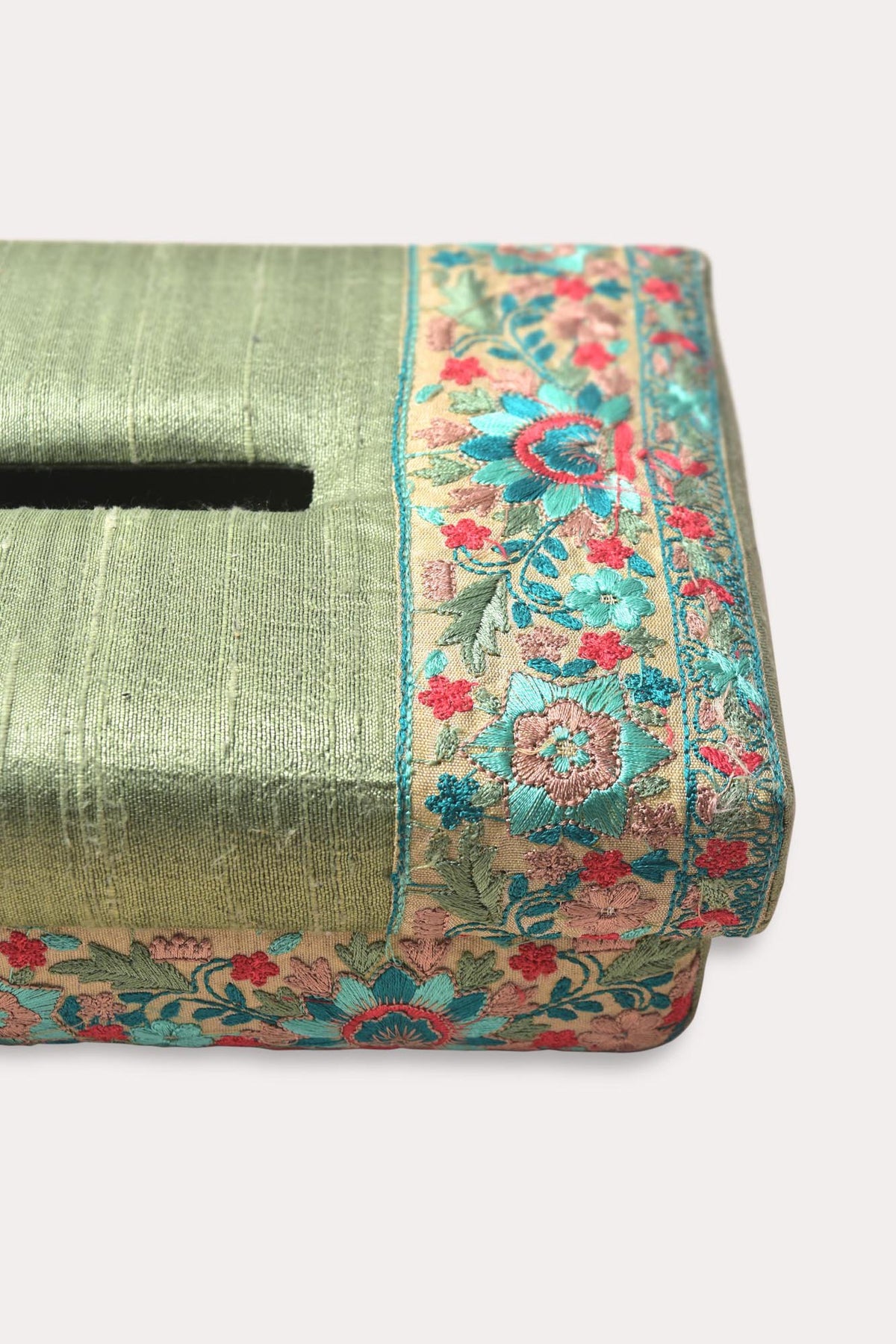 Dupion Zijden Tissue Box - Handgeweven, Bloemenborduurwerk