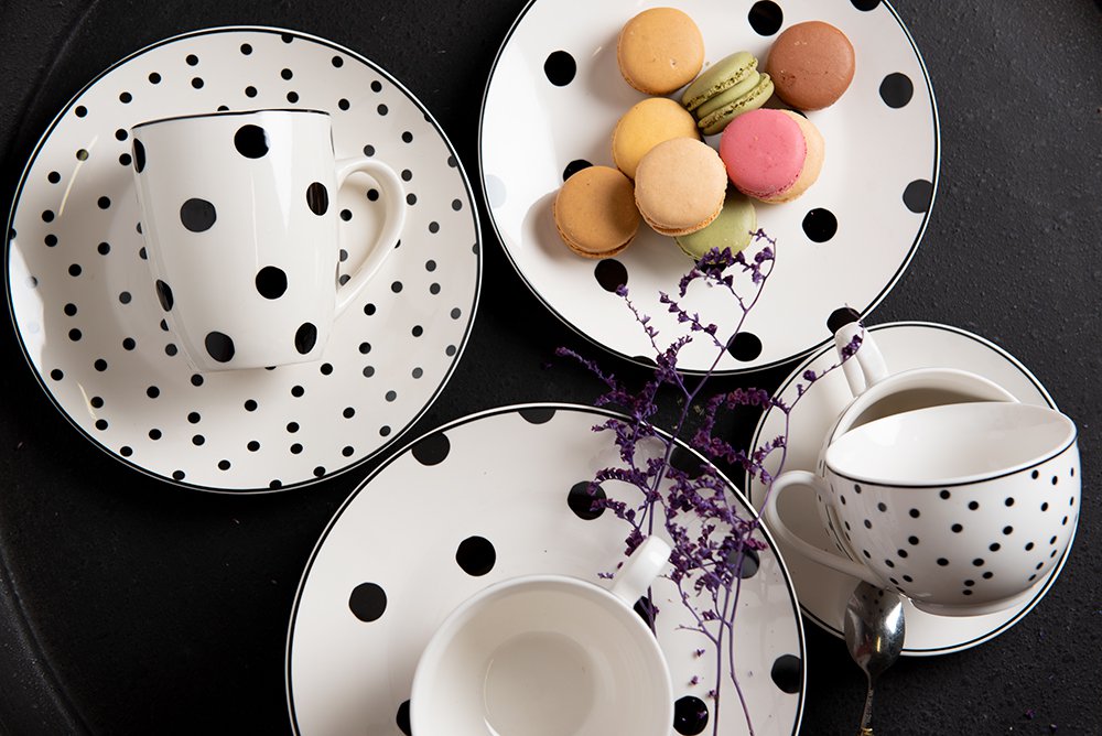 Kop en Schotel 238 ml Wit Zwart Polyresin Servies