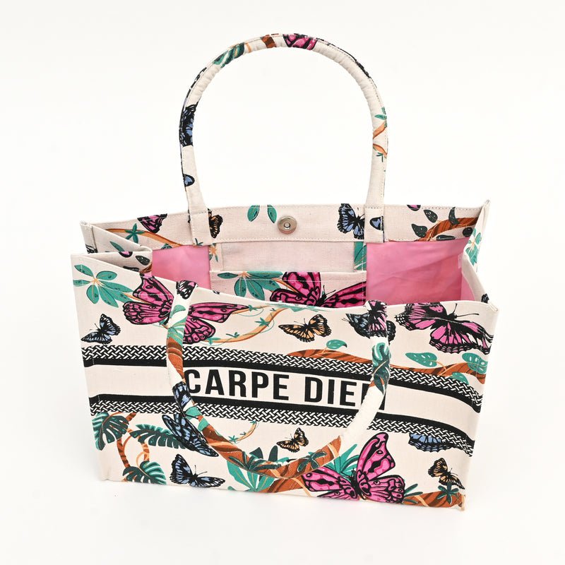 Tote Bag - Canvas met vlinderprint – Eco-vriendelijke herbruikbare boodschappen- en dagelijkse schoudertas (41 x 16 x 34 cm)