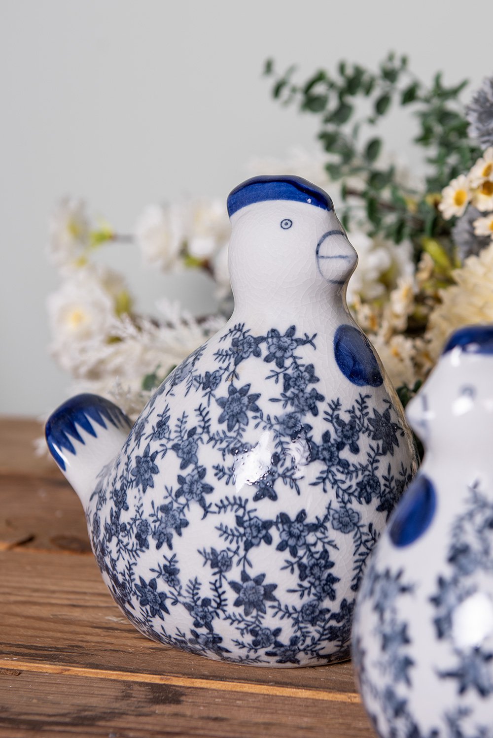 Decoratie Beeld Kip 18x12x21 cm Wit Blauw Keramiek