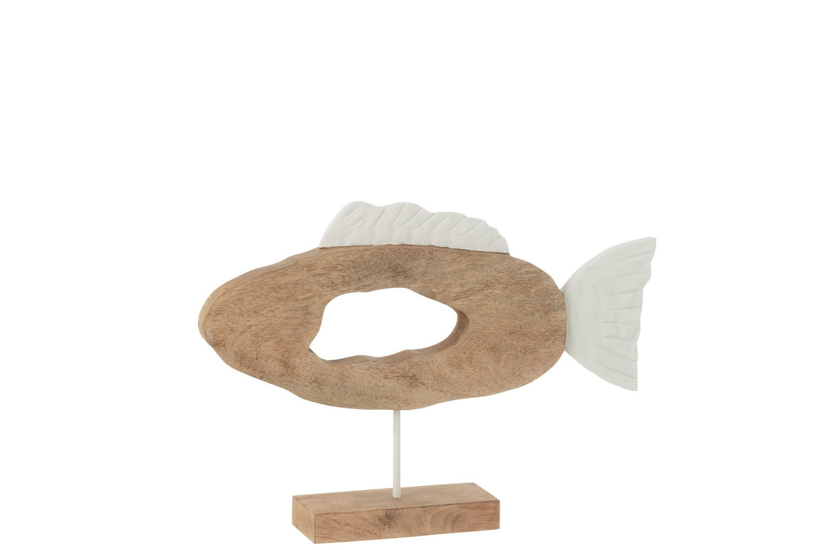 J-Line decoratie Vis Ovaal Op Voet - hout - wit/naturel