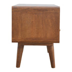 Massief mangohout gebogen kastanje mediameubel met 2 lades, open opbergruimte en Scandinavische poten | Kastanje Afwerking | 90x35x47 cm