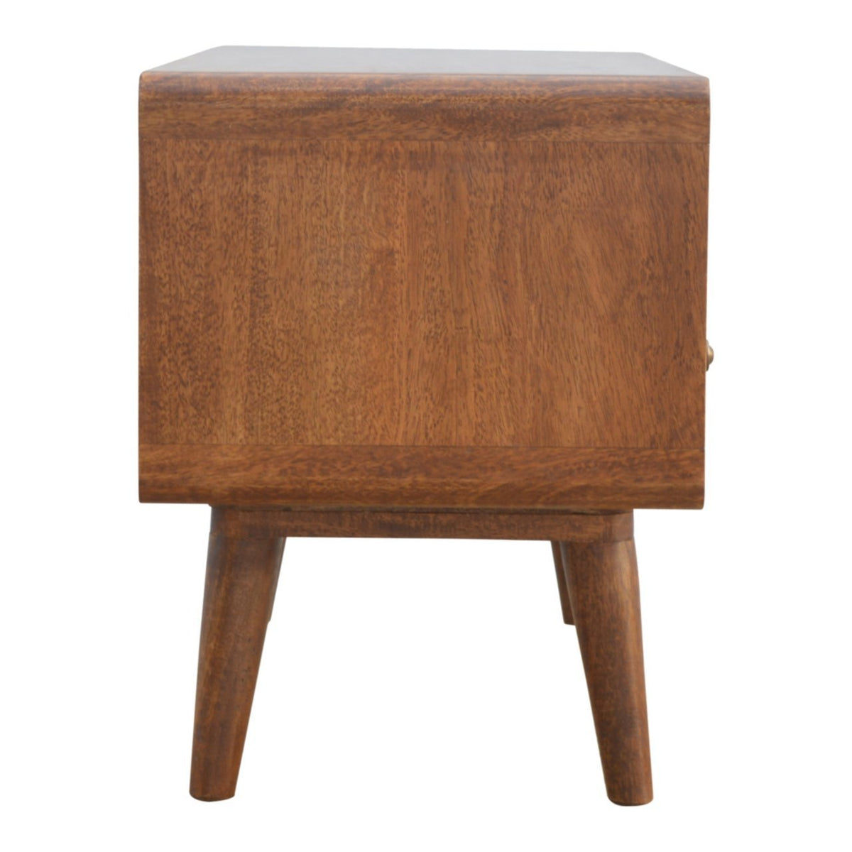 Massief mangohout gebogen kastanje mediameubel met 2 lades, open opbergruimte en Scandinavische poten | Kastanje Afwerking | 90x35x47 cm