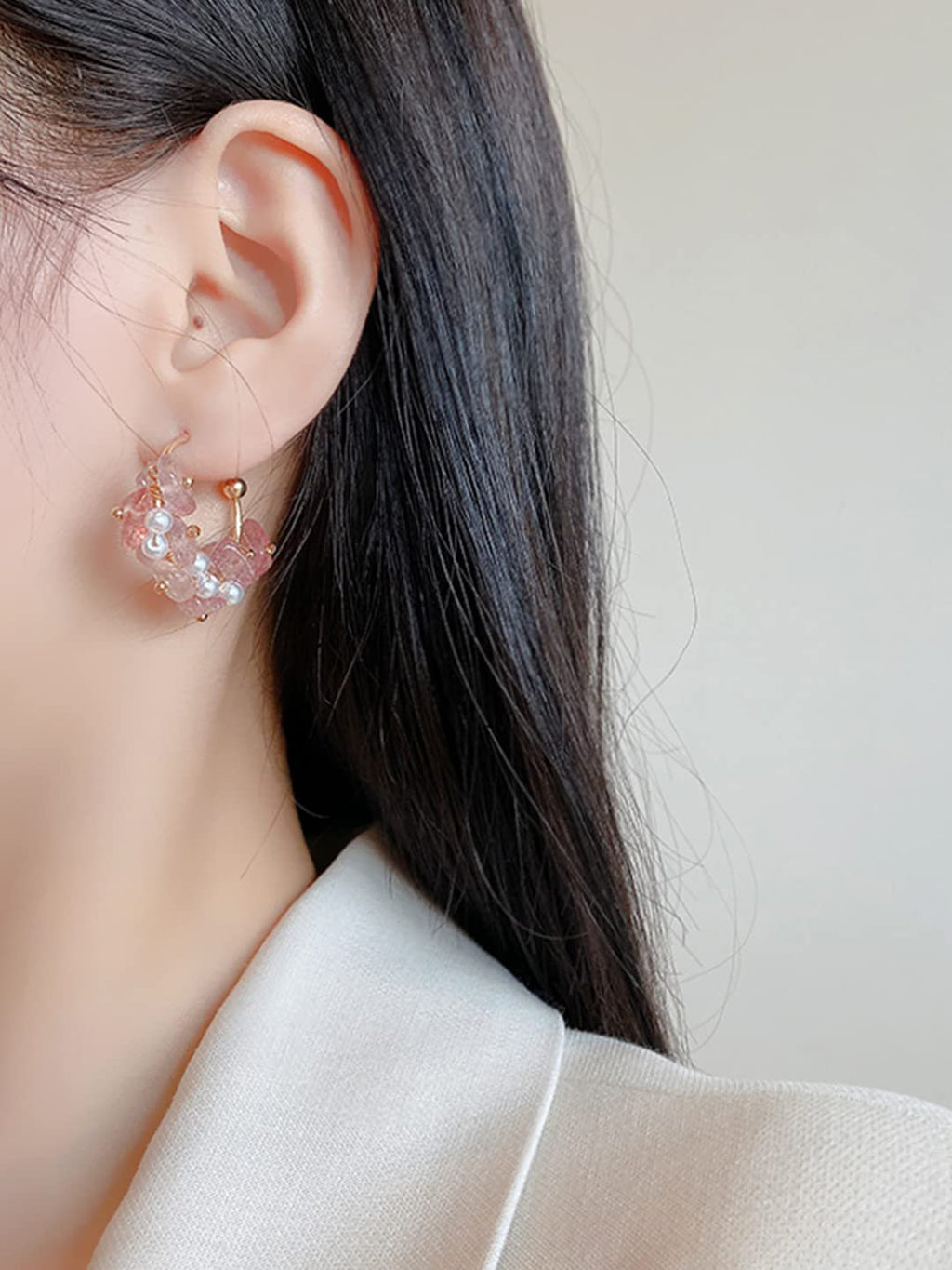 Hoepeloorbellen met stenen studs – clip-on oorbellen – goudkleurige roze en witte stenen – paar