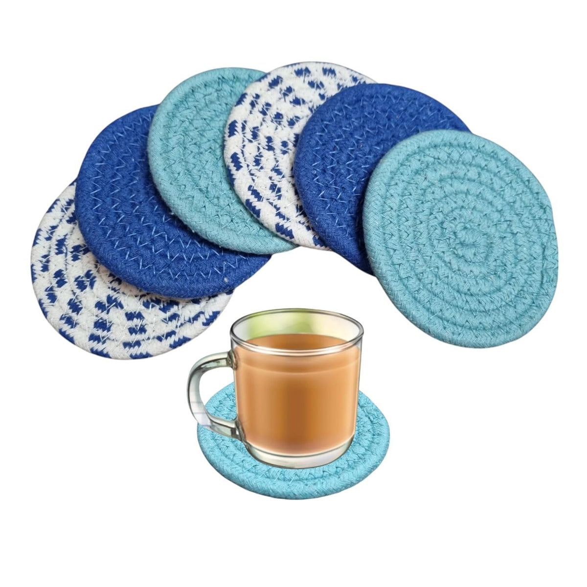 Blauwgroen katoenen ronde absorberende onderzetters (set van 6, 10 cm) | Tafelmatten voor warme en koude dranken, keuken, eetkamer