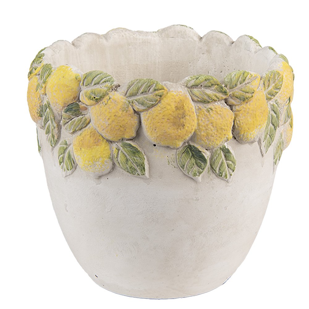 Bloempot Ø 14x12 cm Wit Geel Steen Citroenen