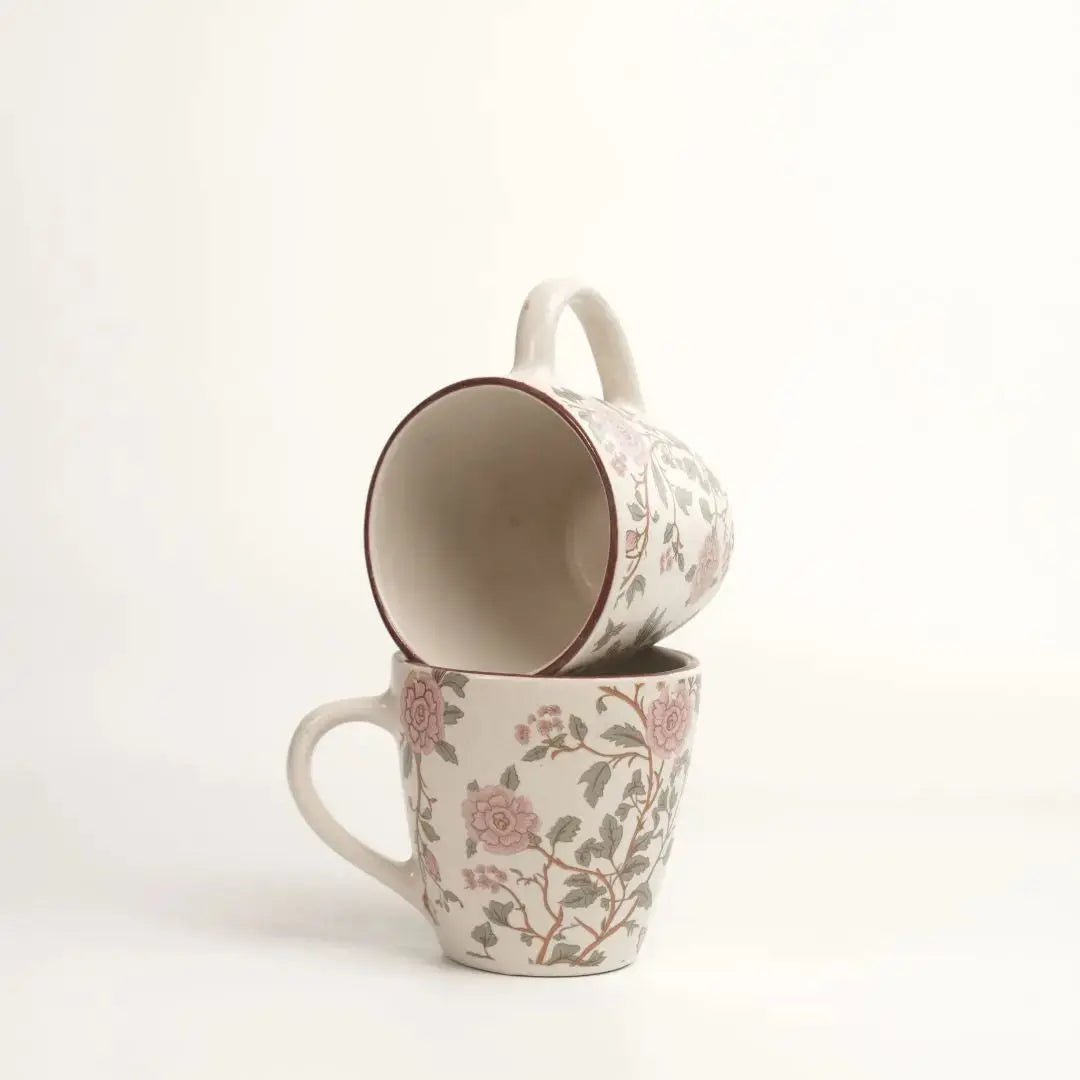 Steengoed mok - set van 4, roze botanisch motief