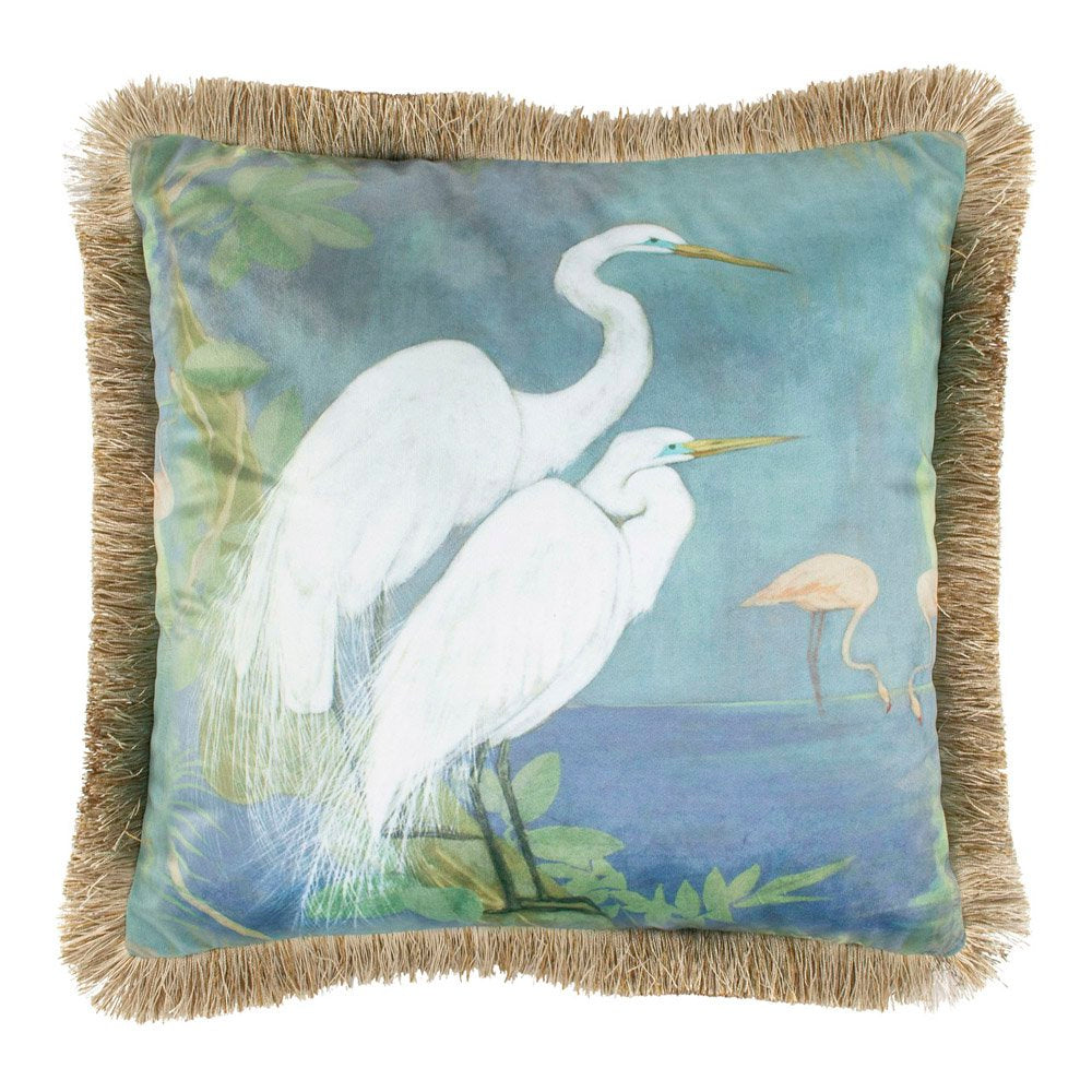 Kussen fluweel zilverreigers gouden franjes 45x45cm*