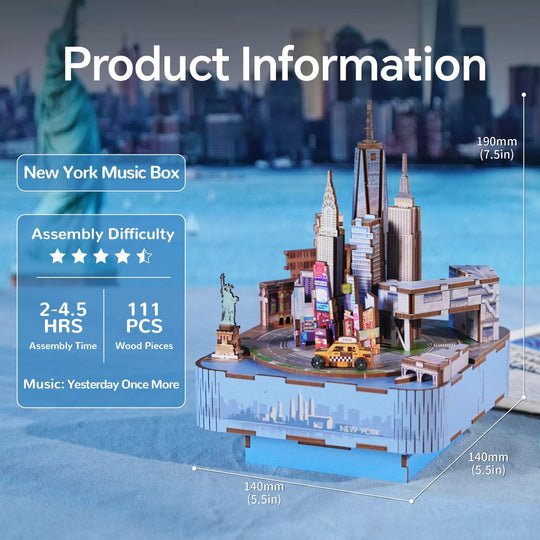 Tonecheer, Muziekdoosje, DIY 3D Houten Puzzel, New York, TQ067, 14x14x19cm