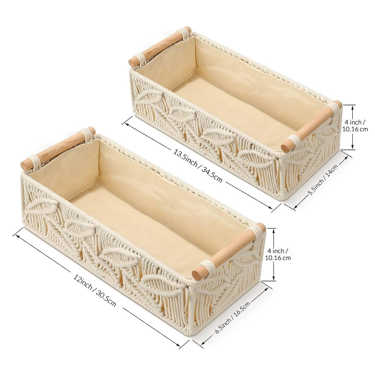 Katoenen macramé opbergmand met houten handvatten - set van 2 stuks